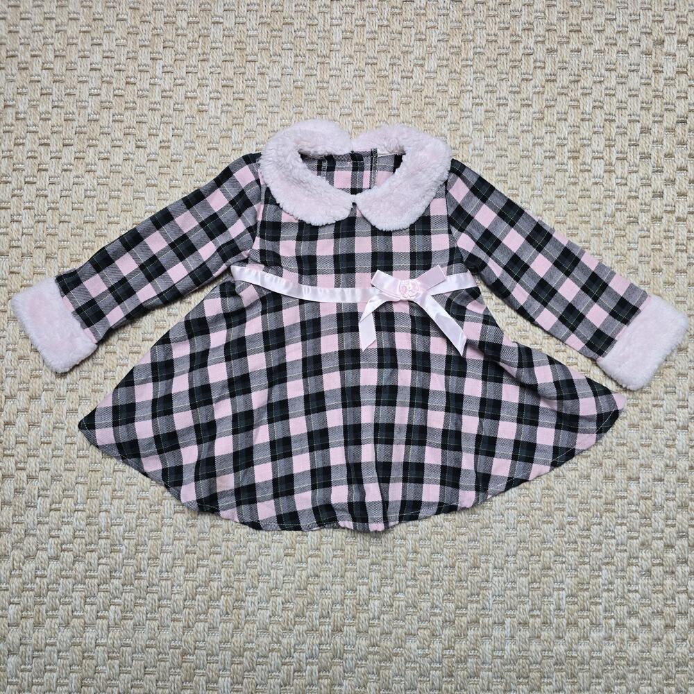 Bonnie Baby 18M Baby Girl Winter Pink Black Plaid Dress with Fur Cuffs